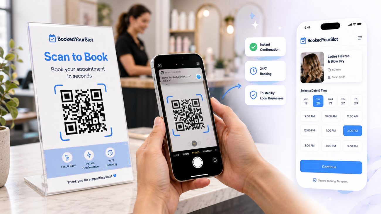 A customer scanning a Scan to Book QR code on a salon counter and booking on their phone